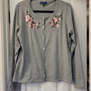 Karen Scott Gray Cardigan with Pink Floral Embroidery